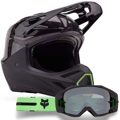 Fox V3 RS 50th LE Helmet + Vue 50th LE Goggles - Spark Injected Lens (Black/Fluo Green)